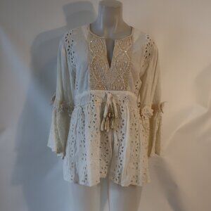 Womens Gipsy Queen Ivory Eyelet Lace Bell Sleeve Tunic Top S/M